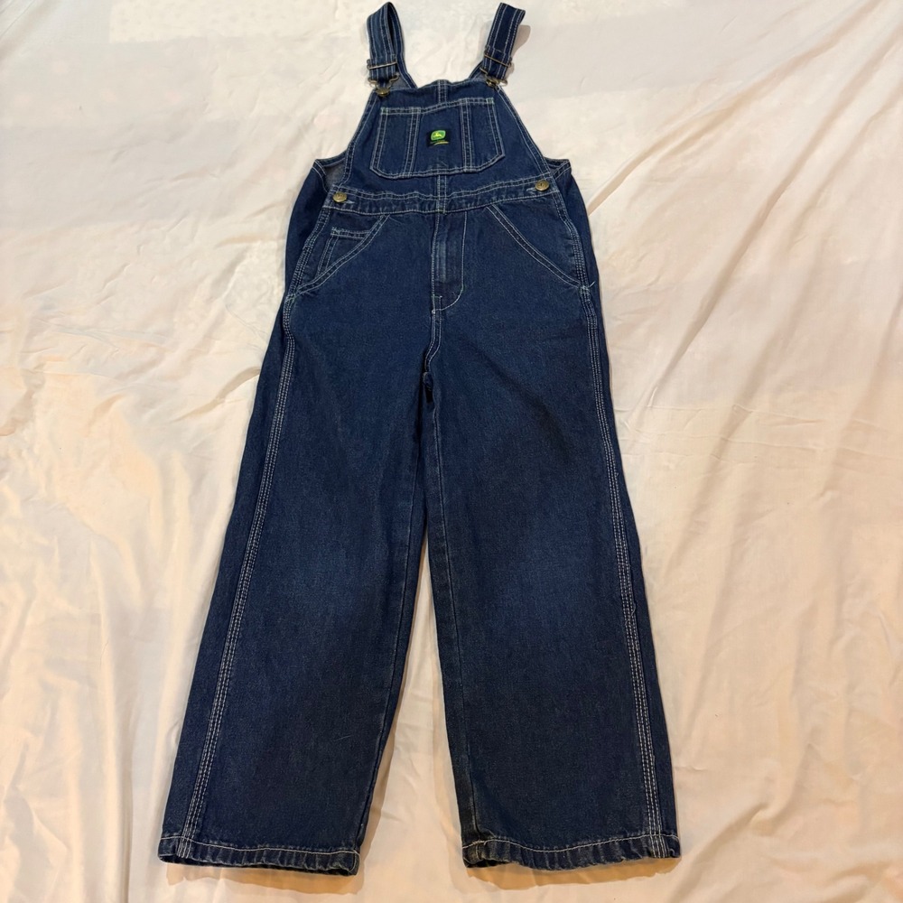 John‎ Deere Kids Denim Bib Overalls Dark Wash Blue Cotton Size 7 Logo Patch
